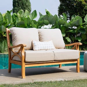 Cambridge Casual Abbington Teak Wood Outdoor Loveseat with Beige Cushion