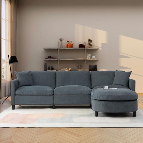 Harper & Bright Designs Reversible 107.87 in. W Straight Arm Polyester Sectional Sofa in. Dark Gray with Removable Ottoman
