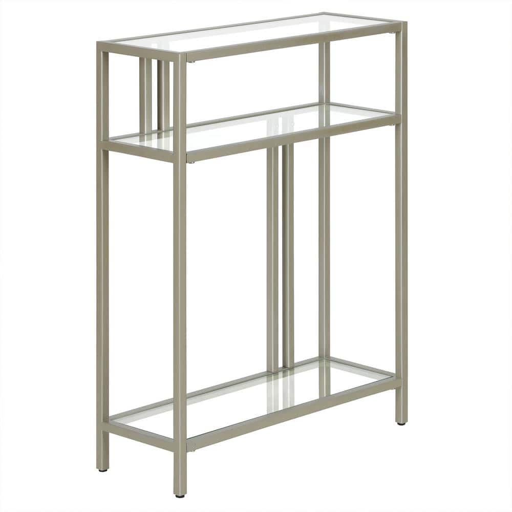 Cortland Compact Satin Nickel Console Table with Tempered Glass Shelves