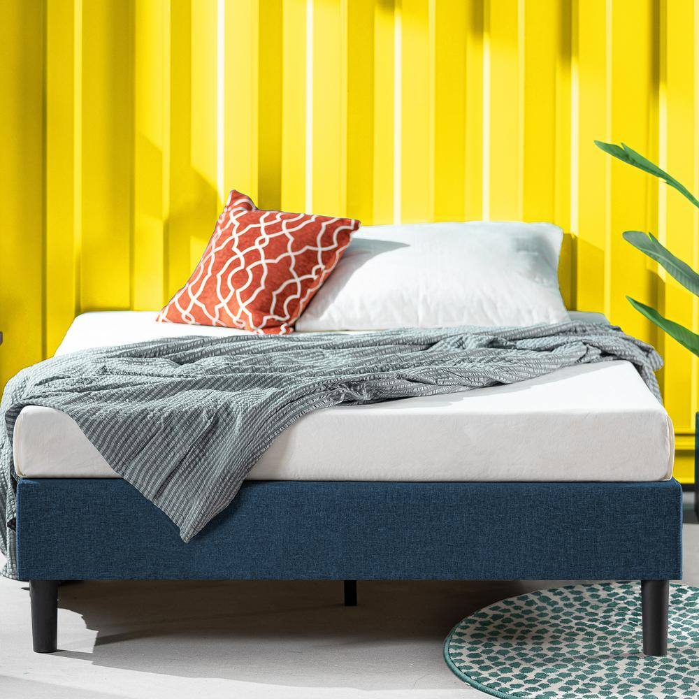 Navy Upholstered Queen Platform Bed Frame with Slats