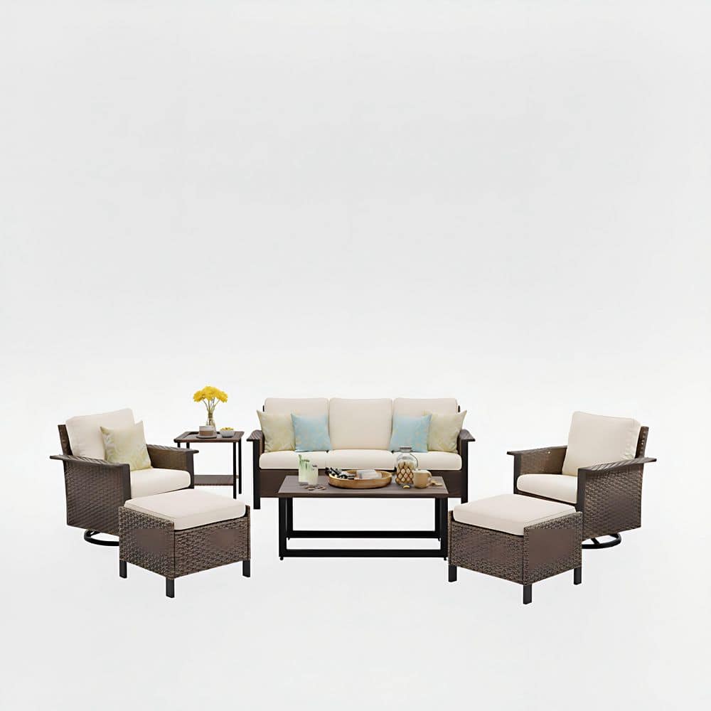 7-Piece Outdoor Patio Wicker Conversation Set with Swivel Rocking Chairs,3-Seater Sofa with Beige Cushions price history on PriceWatchPro