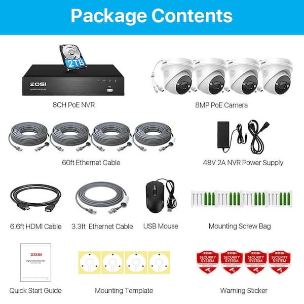 ZOSI 4K UHD 8-Channel 2TB PoE NVR Security Camera System with 4