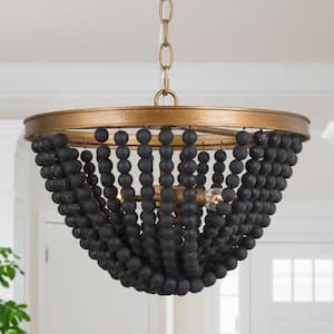 Bohemia Dining Room Chandelier 3-Light Modern Antique Gold Chandelier with Black Wood Beads