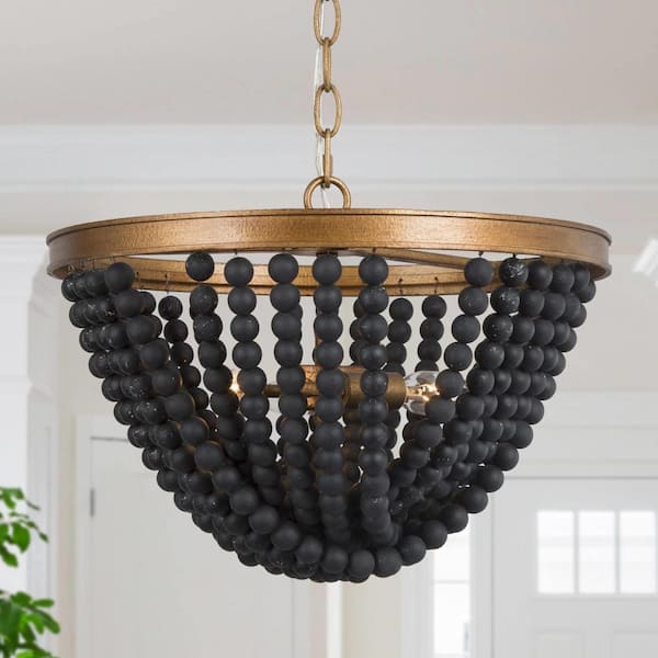 Uolfin Bohemia Dining Room Chandelier 3-Light Modern Antique Gold Chandelier with Black Wood Beads