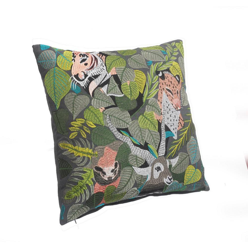 Jungle Scene Green and Multicolor Cotton Throw Pillow