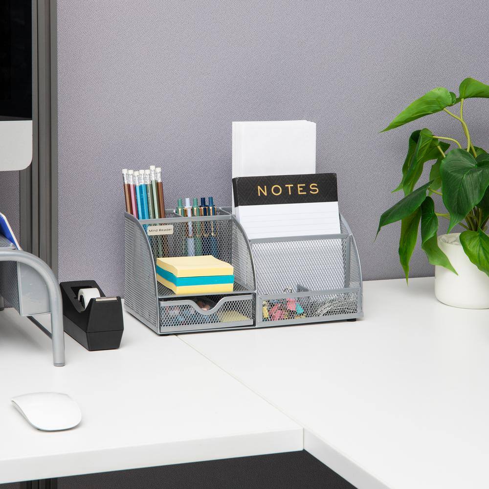 Silver Metal Mesh Multifunctional Desktop Organizer with 7 Compartments