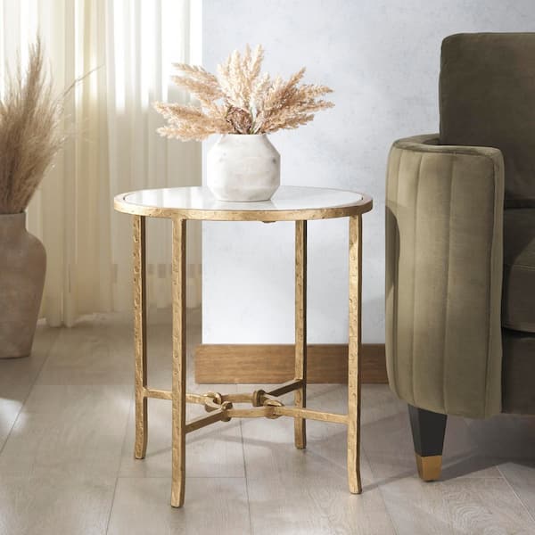 Tauri 18.8 in. Brass/White Round Iron End Table