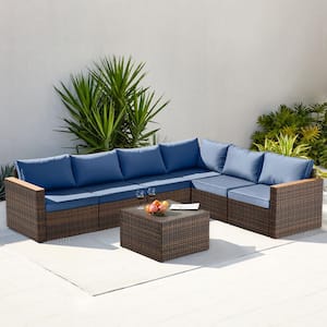 7-Piece Brown Wicker Outdoor Patio Sectional Sofa Conversation Set with Light Blue Cushions and 1 Side Table