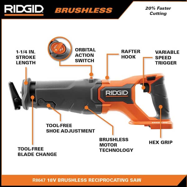 RIDGID R8647KN 18V Brushless Cordless Reciprocating Saw Kit with (1) 4.0 Ah Battery and Charger - 3