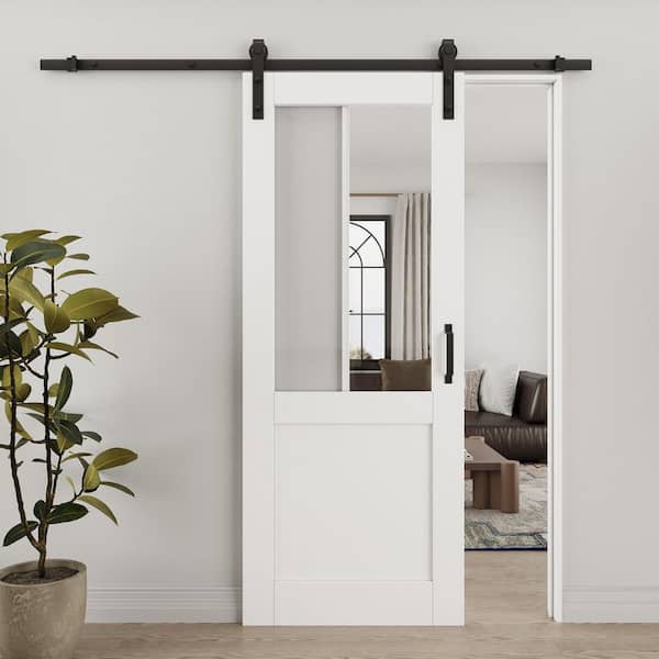 32 in. x 80 in. 1/2-Lite Tempered Clear Glass White Primed Finished Solid Core MDF Sliding Barn Door with Hardware Kit