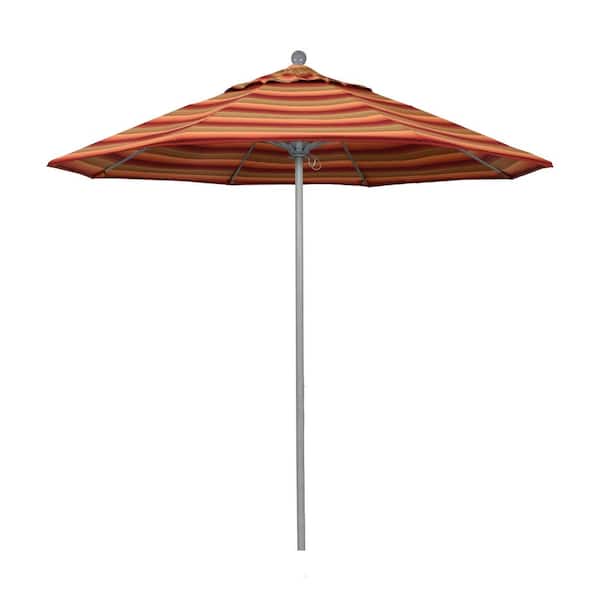 California Umbrella 9 ft. Gray Woodgrain Aluminum Commercial Market Patio Umbrella Fiberglass Ribs and Push Lift in Astoria Sunset Sunbrella