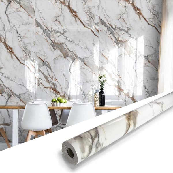 0.08 in. x 4 ft. x 10 ft. Calacatta Gold Square Edge Vinyl Glossy Peel and Stick Decorative Wall Paneling Roll (1-Pack)