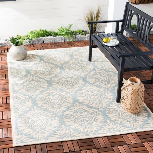 Beach House Aqua/Cream Doormat 2 ft. x 4 ft. Floral Damask Indoor/Outdoor Area Rug