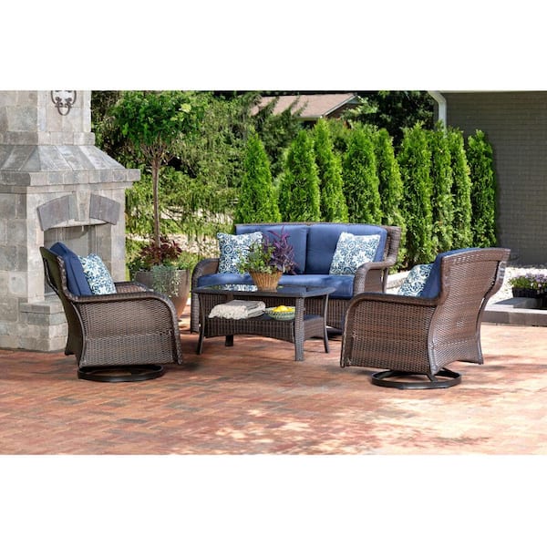 Cambridge Corrolla 4-Piece Lounge Set with Loveseat, 2 Swivel Gliders and Woven Coffee Table, Navy Blue