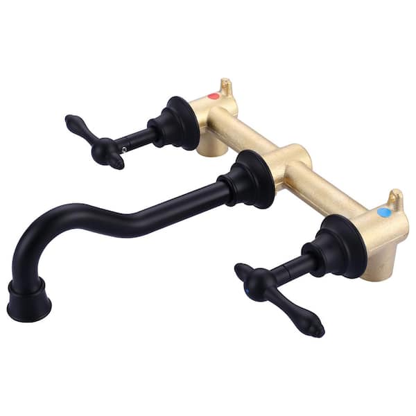 ARCORA Double Handle 3-Hole Brass Wall Mounted Antique Bathroom Sink Faucet in Matte Black