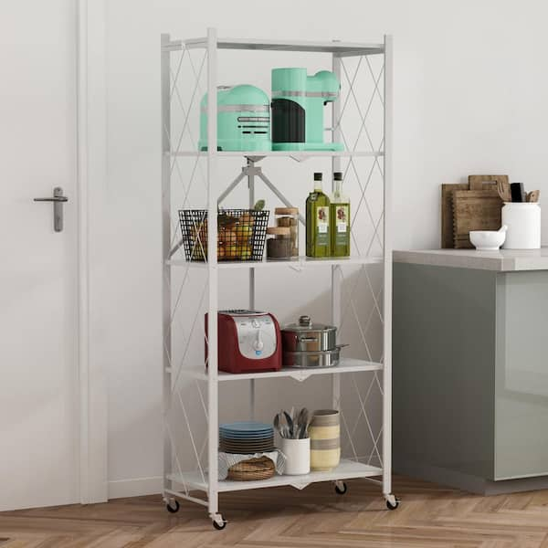 (White) 5 Tier Metal Folding Storage Shelf With Wheels