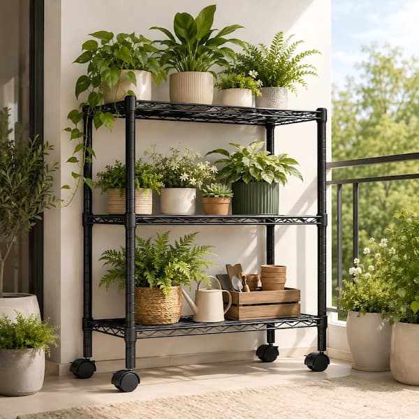 30 in. H x 23 in. W x 13 in. D 3-Tier Black Heavy Duty Metal Outdoor Adjustable Plant Stand Storage Shelf with Wheel