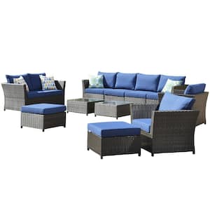 Mesa Brown 12-Piece No Assembly Wicker Outdoor Patio Conversation Sofa Set with Navy Blue Cushions