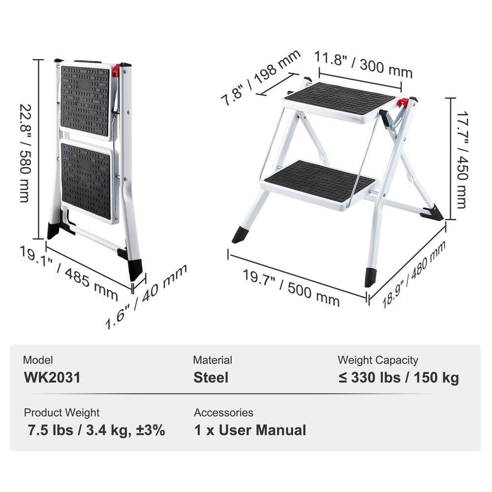 White Foldable 2-Step Steel Ladder with Anti-Slip Pedals
