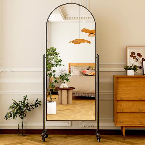 XRAMFY 22 in. W x 67 in. H Arched Black Aluminum Alloy Framed Dance Mirror Floor Mirror