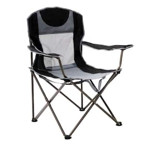 Black 1-Piece Metal Outdoor Beach Chair Camping Lounge Chair Lawn Chair with Side Pocket and Cup Holder