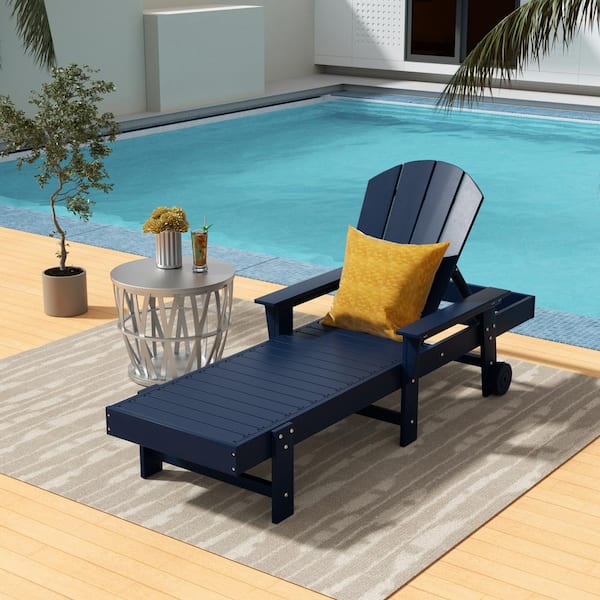 WESTIN OUTDOOR Laguna Navy Blue HDPE Plastic Outdoor Adjustable Backrest Classic Adirondack Chaise Lounger With Arms And Wheels