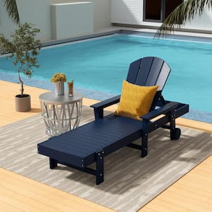 Laguna Navy Blue HDPE Plastic Outdoor Adjustable Backrest Classic Adirondack Chaise Lounger With Arms And Wheels