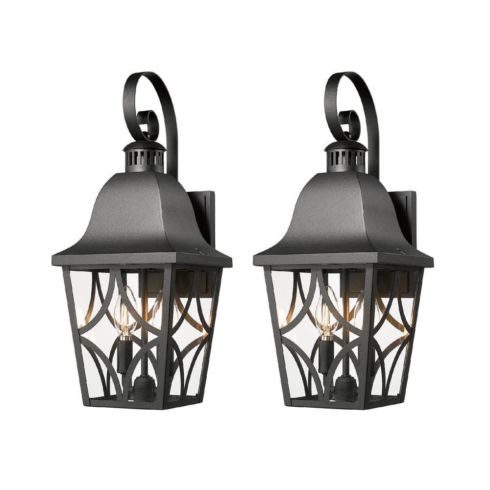 18.2 in. 2-Light Matte Black Outdoor Hardwired Wall Lantern Sconce with Cle