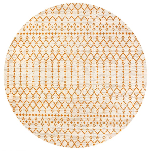 Ourika Moroccan Geometric Textured Weave Cream/Orange 5 ft. Round Indoor/Outdoor Area Rug