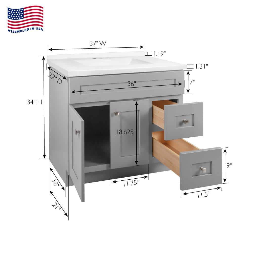 Brookings 37-Inch Gray Solid Wood Vanity with Modern Sink Top