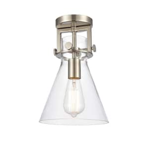 Newton Cone 8 in. 1-Light Brushed Satin Nickel, Clear Flush Mount with Clear Glass Shade
