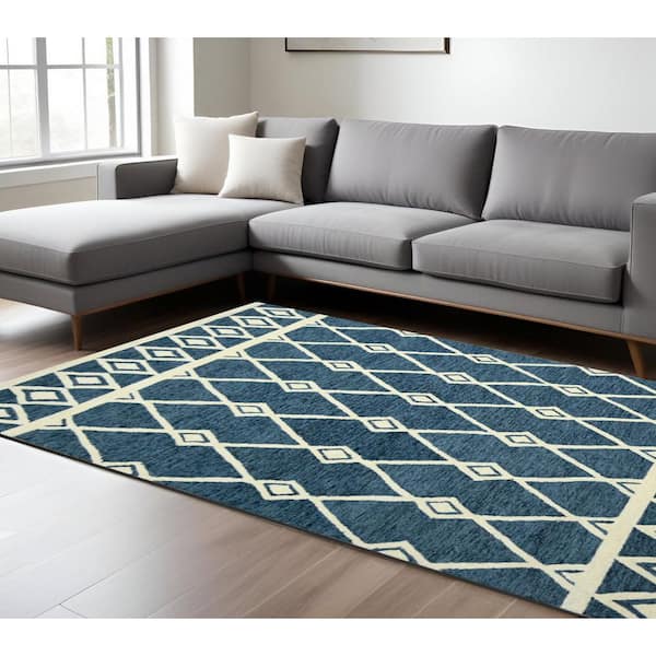 9 ft. x 13 ft. Blue And Ivory Wool Argyle Hand Hooked Area Rug
