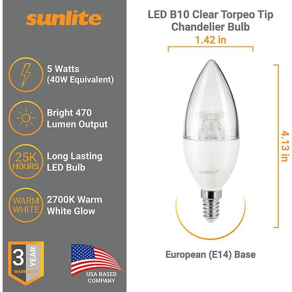 Sunlite 40-Watt Equivalent B10 E14 Torpedo Tip Chandelier LED Light Bulb in 2700K (3-Pack) HD03366-3 - The Home Depot