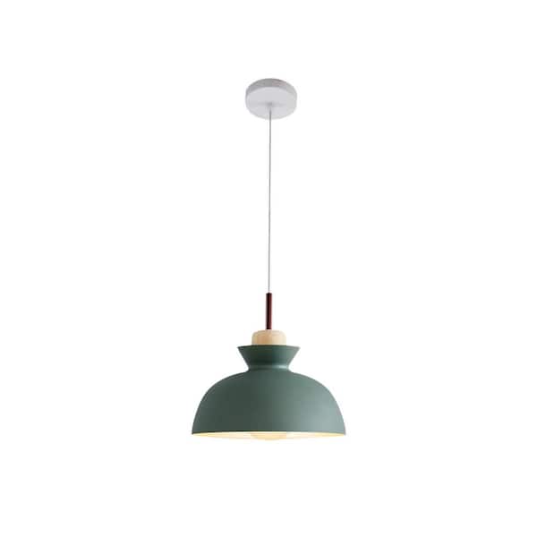 Potlid Scandinavian 1-Light Dome Pendant Light Green Barn Hanging Light with Wood Accent for Kitchen Island, Restaurant