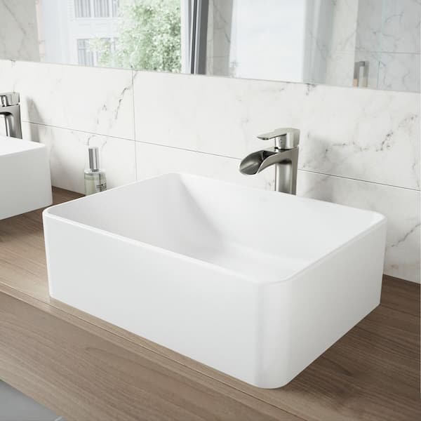 VIGO Amaryllis Modern White Matte Stone 20 in. L x 14 in. W x 7 in. H Rectangular Vessel Bathroom Sink