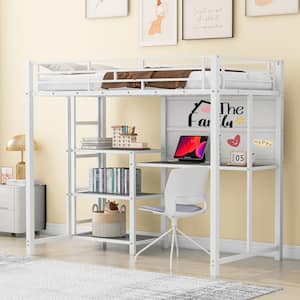 Modern White Twin Size Metal Loft Bed with Built-in Desk, Whiteboard and 3 Storage Shelves
