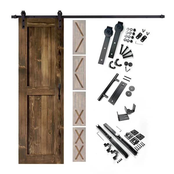 HOMACER 24 in. x 80 in. 5-in-1 Design Walnut Solid Pine Wood Interior Sliding Barn Door with Hardware Kit, Non-Bypass