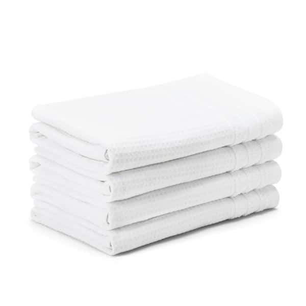 Small Waffle Woven Terry Stripe 20 in. x 30 in. White Cotton Hand Towel Set 4-Pack