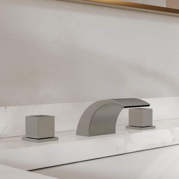 Waterfall 8 in. Widespread Deck Mount 2-Handle Bathroom Basin Sink Faucet 1.2 GPM in Brushed Nickel with Drain Included
