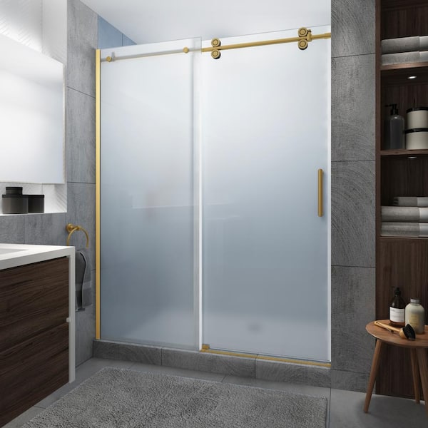Aston Langham XL 56 - 60 in. x 80 in. Frameless Sliding Shower Door with Ultra-Bright Frosted Glass in Brushed Gold