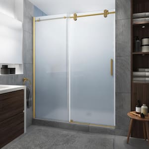 Langham XL 64 in. - 68 in. x 80 in. Frameless Sliding Shower Door with Ultra-Bright Frosted Glass in Brushed Gold