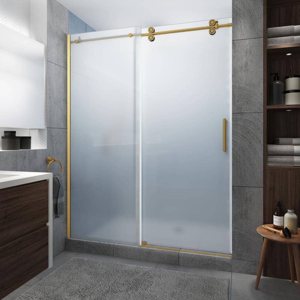 Langham XL Brushed Gold Frameless Sliding Shower Door with Frosted Glass
