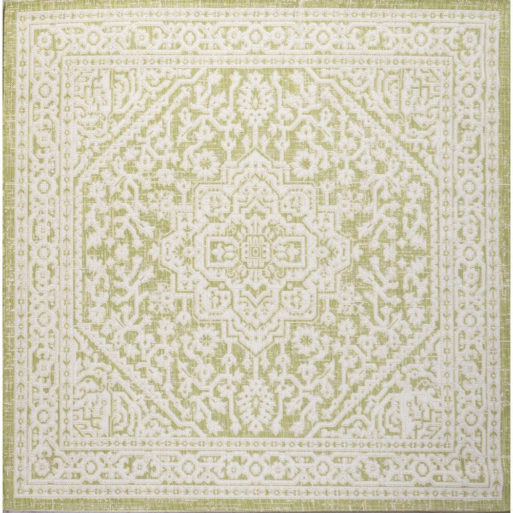 Sinjuri Green/Cream Medallion Textured 5' Square Indoor/Outdoor Rug