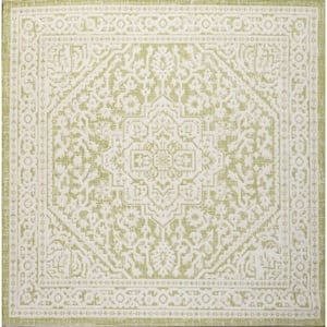 Sinjuri Medallion Textured Weave Green/Cream 5 ft. Square Indoor/Outdoor Area Rug