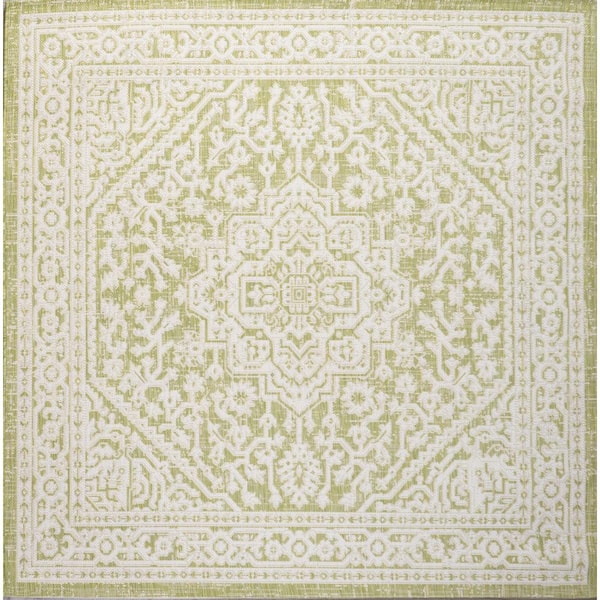 Sinjuri Medallion Textured Weave Green/Cream 5 ft. Square Indoor/Outdoor Area Rug