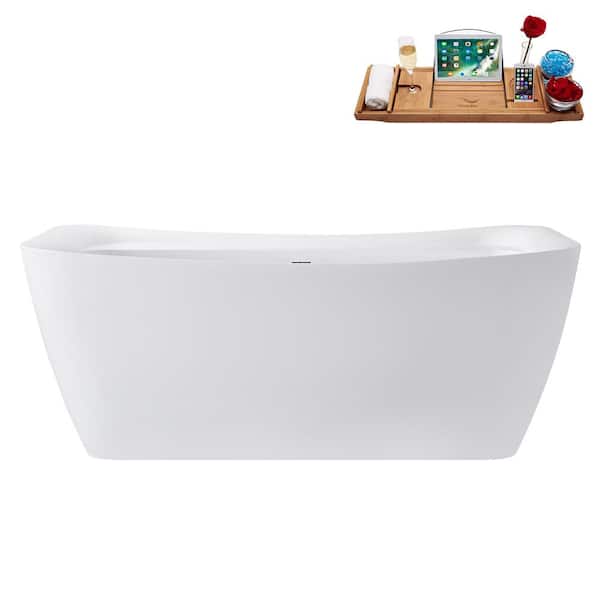 Streamline 67 in. x 31 in. Acrylic Freestanding Soaking Bathtub in Glossy White with Matte Black Drain, Bamboo Tray