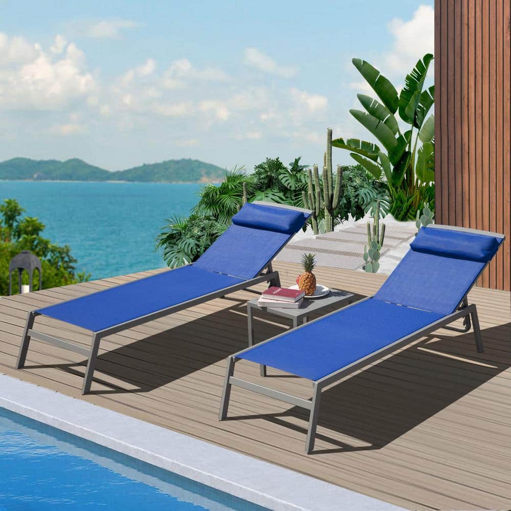 Blue Aluminum Armless Chaise Lounge Set with Side Table