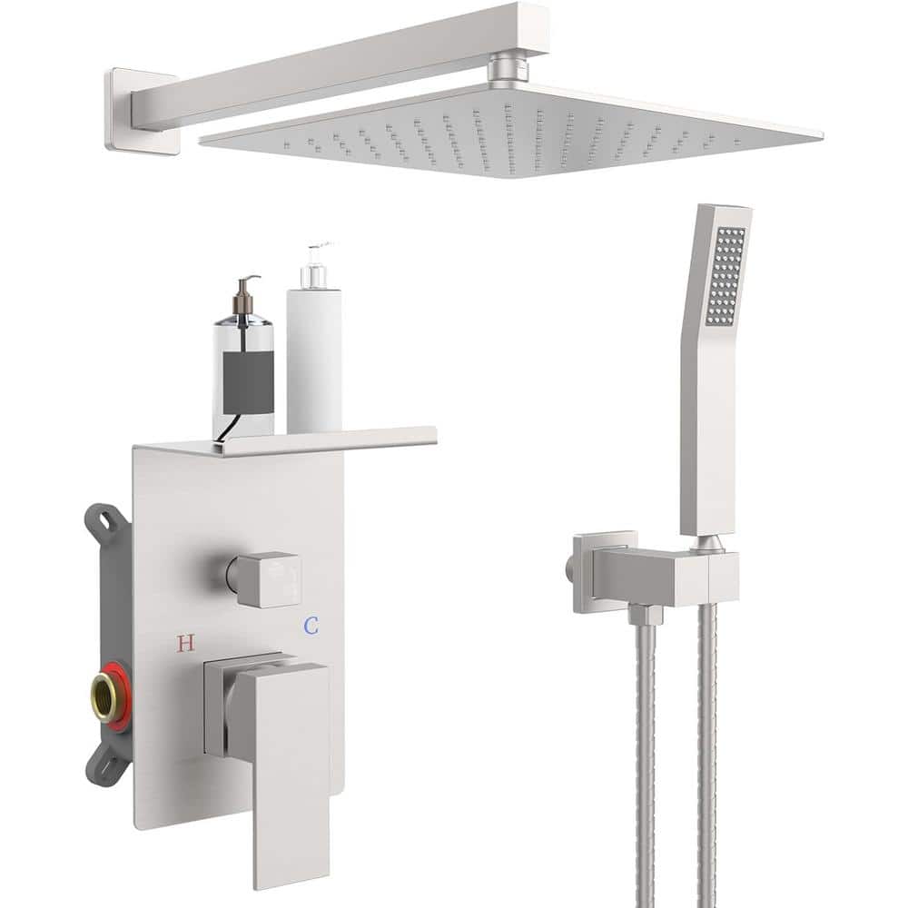 1-Spray Patterns 10 in. Dual Wall Mount Fixed Shower Heads with 2.2 GPM with Storage Rack in Brushed Gold price history on PriceWatchPro