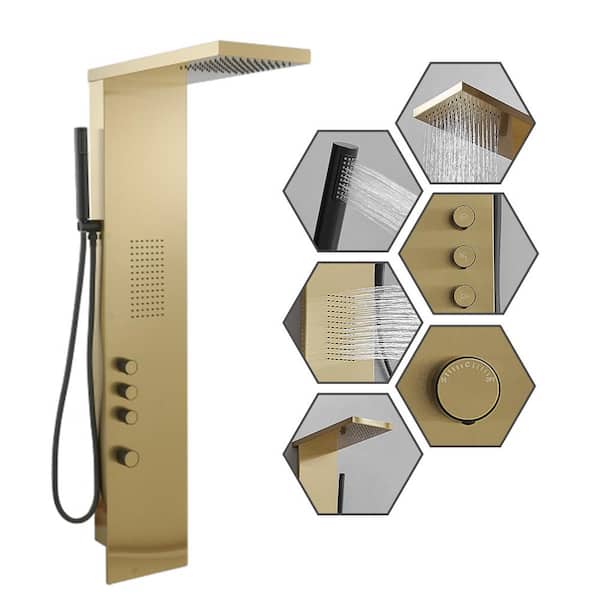 BWE 1-Jet Rainfall Shower Tower Shower Panel System with Rainfall Waterfall Shower Head and Shower Wand in Brushed Gold