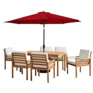 8 -Piece Set, Okemo Wood Outdoor Dining Table Set with 6 Cushioned Chairs, 10 ft. Auto Tilt Umbrella Red